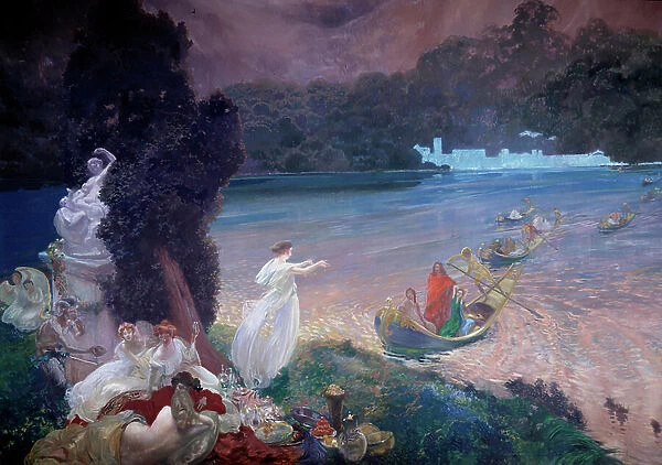 Happy Island: scene of fable representing boats joining guests at a banquet on the grass. Detail of a painting on wallpaper by Paul Albert Besnard (1849-1934). 1900. Paris, Decorative Arts