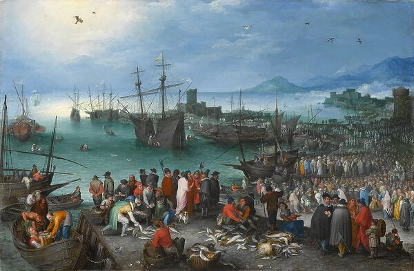 Harbor Scene with St. Pauls Departure from Caesarea, 1596 (oil on copper)