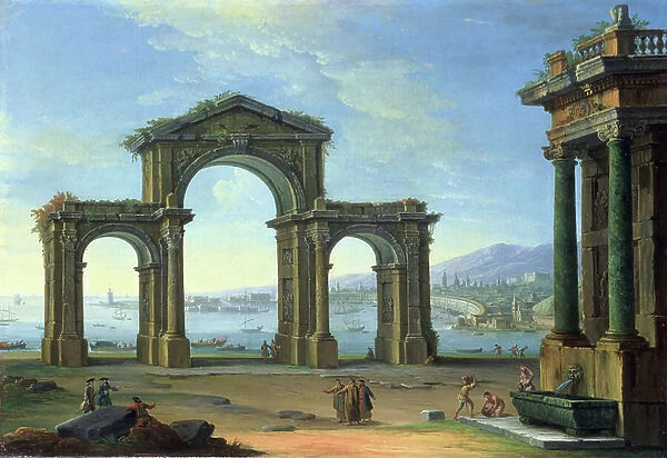 Harbour Scene with Triumphal Arch (oil on canvas)