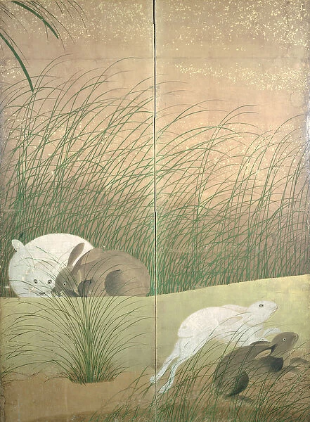 Hares and autumn grasses, c. 1700 (ink, colour and gold on paper)