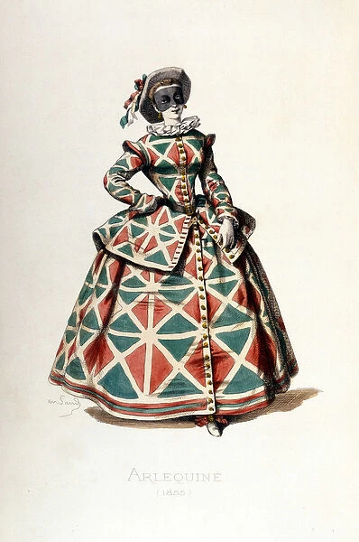 Harlequin costume and mask in 1855, female character of Harlequin in the commedia