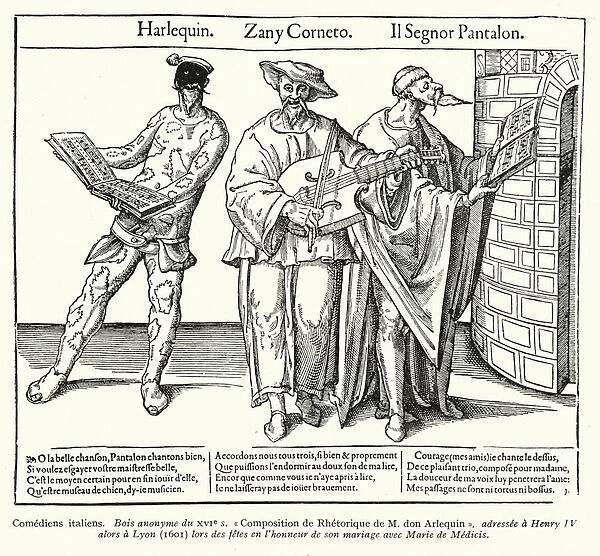 Harlequin, Zany Corneto and Patalone, characters from the Commedia dell Arte (woodcut)