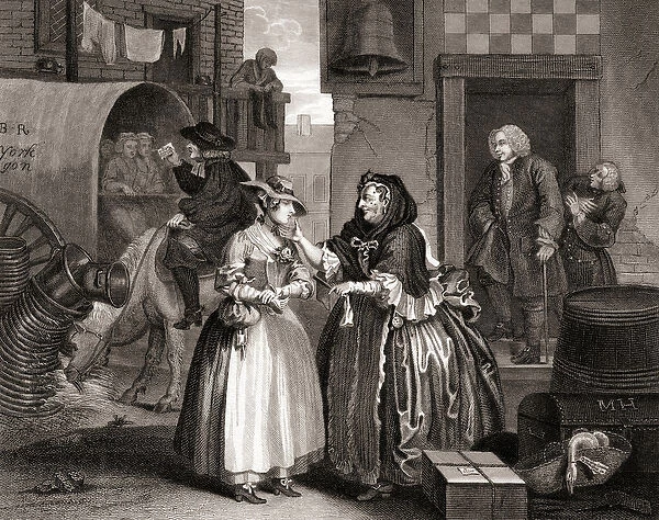 The Harlots Progress ensnared by a procuress, from The Works of Hogarth published London 1833