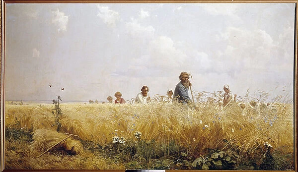 Harvest Russian peasants mowing the bles. Painting by Grigori Miassoiedow (1835-1911) 19th century Peterhof, Library of the Chateau