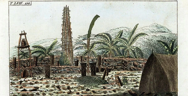 Hawai Cemetery - Strong water extracted from the Encyclopedie of Natural History: Humanite, by Gottlieb Tobias Wilhelm (1758-1811), 1804 - Burial grounds on Hawaii - Handcoloured copperplate engraving from Gottlieb Tobias Wilhelm's ' Encyclopedia