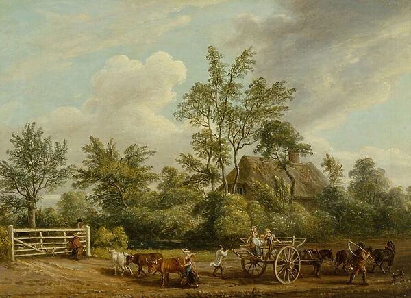 A Hay Cart wit Farm Labourers and Cattle near Easton Park, Suffolk (oil on canvas)