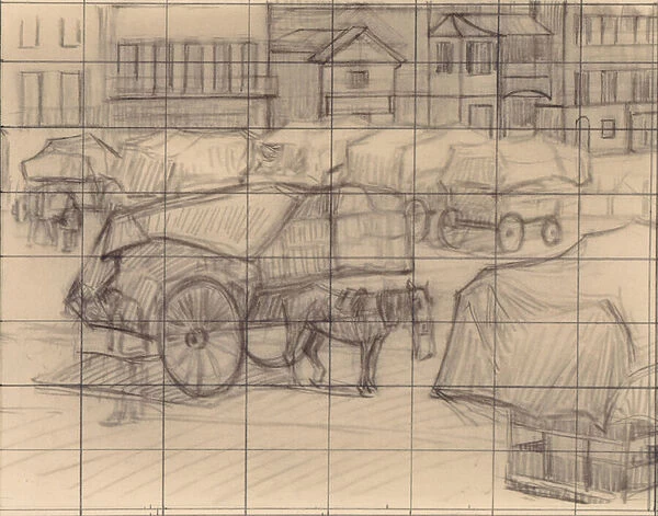 Hay Carts, Cumberland Market, c. 1915 (crayon on paper)