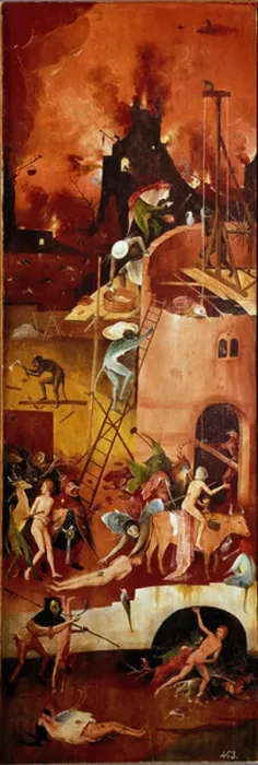 Framed Print : The hay tryptic: infernal constructions. Right interior panel. Painting on wood by Hieronymus Van Aeken (Aken) dit Jerome Bosch (1450-1516) 1500-1502 Dim. 140x232 cm Real Monasterio de El Escorial, El Escorial, Spain