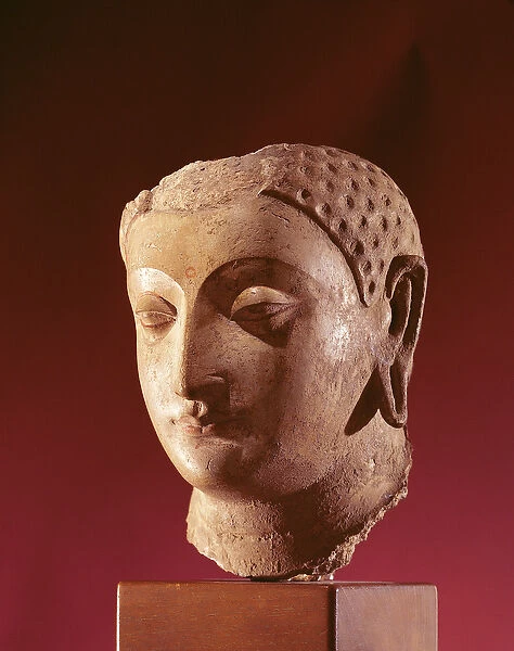Head of Buddha, c. 5th century (stucco with gesso & traces of paint)
