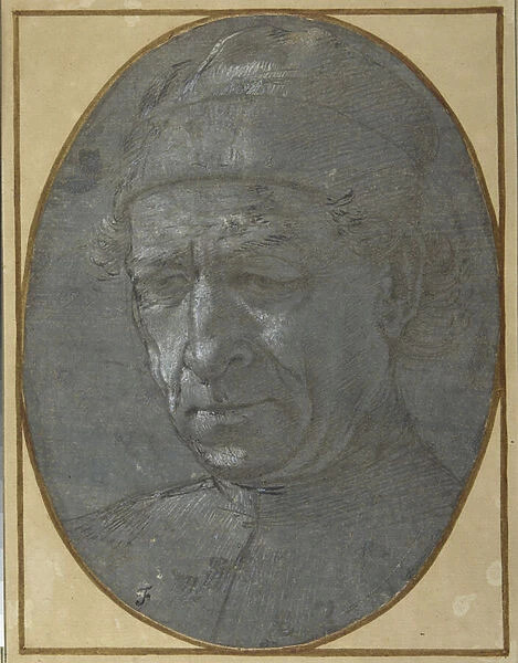 Head of an elderly man wearing a cap (metal-point on bluish grey prepared paper)