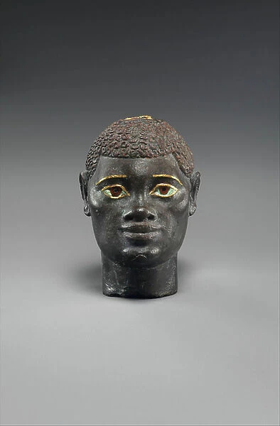 Head of an 'Ethiopian' depicted in Hellenistic mode, 332-30 BC (bronze, gold, carnelian & obsidian)