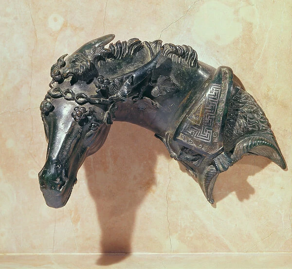 Head of a mule crowned with ivy, ornament from the armrest of a bed (bronze)