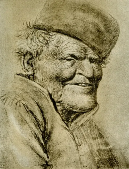 Framed Print : Head study of a smiling farmer