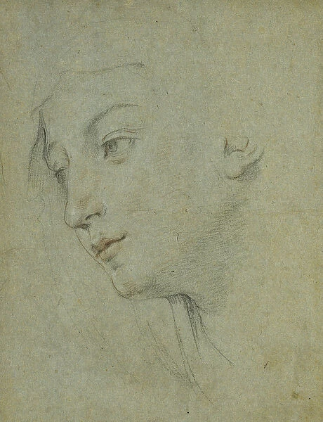 The Head of a Woman Looking Down to the Left, (black and red chalk, on grey-green paper)