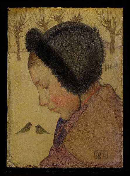 Head of a Young Girl in a Fur Hat (oil and gesso on board)