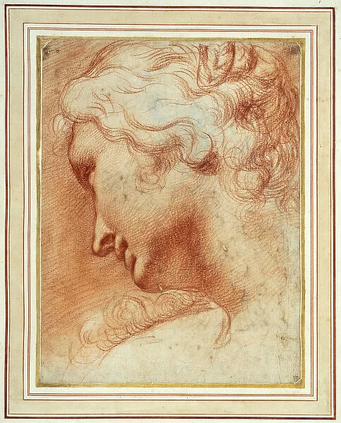 Head of a young woman looking down over her right shoulder (red chalk on paper)