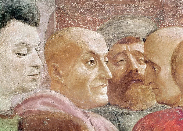 Detail of heads of men to the left of the Emperor, from the Raising of the Son of Theophilus