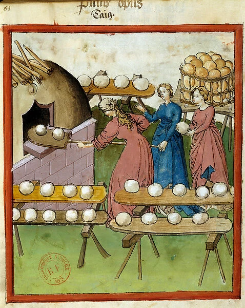 Health manual: baking bread. Miniature of the manuscript 'Tacuinum Sanitatis'