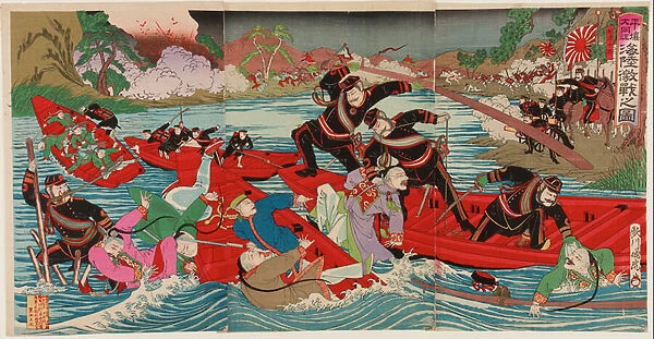 Heavy battle on land and sea at Taidong River at Pyongyang, September 1894 (woodblock print; ink and colour on paper)