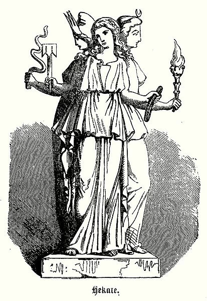 Hecate, goddess of witchraft, magic, ghosts, necromancy and crossroads in Greek mythology (engraving)