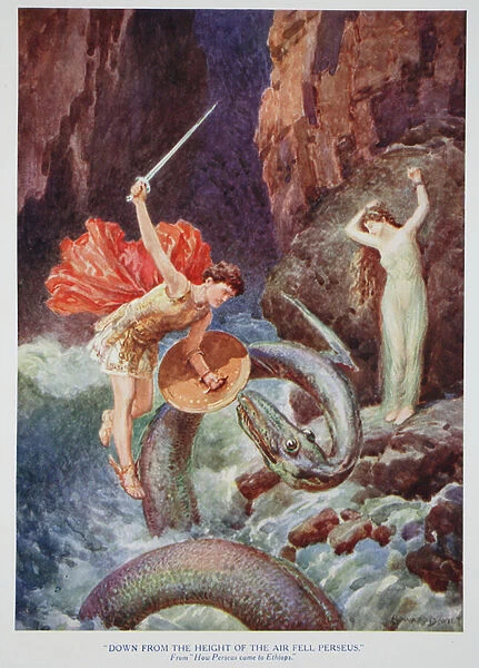 Down from the height of the air fell Perseus (colour litho)