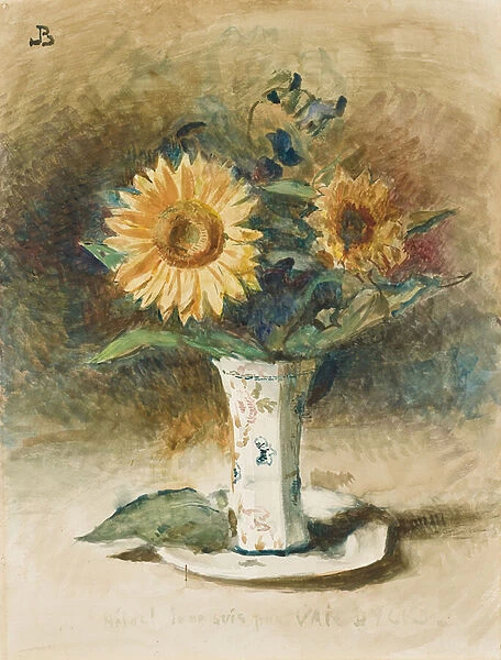 Helas! Je ne suis pas Van Dyck: two sunflowers in a vase (black chalk, watercolour