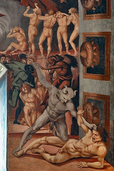 Call to Hell, fdetail showing the Antehell, taken from Dantes description, 1500-02 (fresco)