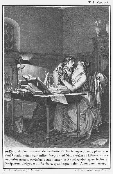 Heloise and Abelard in their study, illustration from Lettres d Heloise