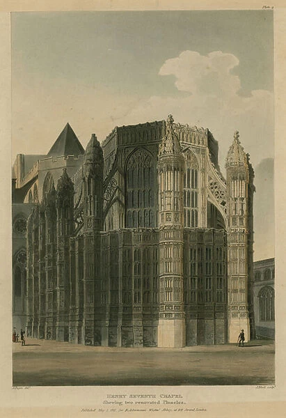 Henry Seventh Chapel, Westminster Abbey, London, showing two renovation prinacles (coloured engraving)
