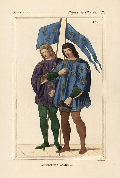 Heralds or officers of arms, herauts or officers of arms, 15th century. They wear coats of arms with gold fleur-de-lis and carry ensigns with the arms of France