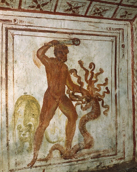Hercules and Lernaean Hydra, fresco, Via Latina Catacomb, Rome, Italy, 4th century
