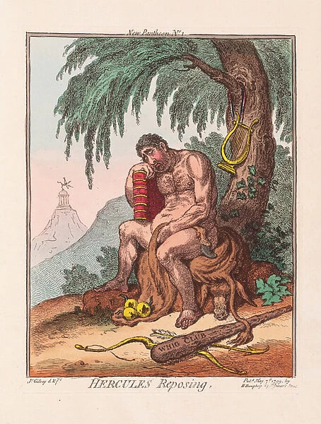 Hercules Reposing, pub. 1799 (hand coloured engaving)