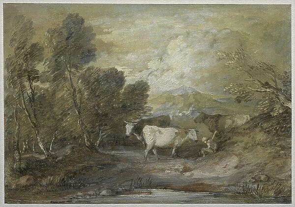 A Herdsman with Three Cows by an Upland Pool, mid 1780s (w / c, ink & oil paint heightened with white chalk)