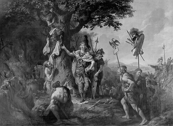 Hermann celebrating victory after the Battle in the Teutoburg Forest (oil on canvas) (b  /  w photo)