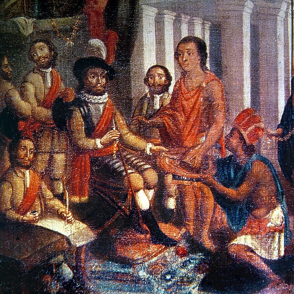 Hernando Cortes (1485-1547) receiving the homage of the Aztecs (oil on canvas)