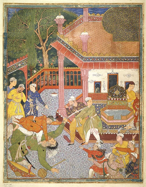 A hero slays a giant before a crowd of onlookers in a courtyard, illustration from the Hamza Nama, c. 1555-67 (bodycolour on cotton)