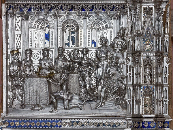 Herods banquet and Salomes dance, tile from The Silver Altar of Saint Johns Treasure, 1367-1483