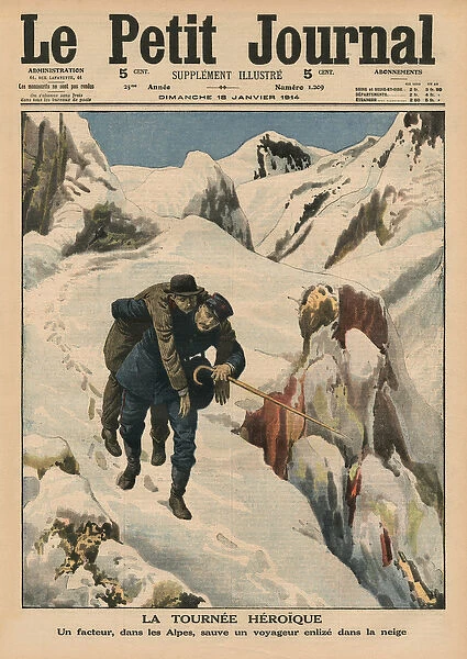 An heroic round, an Alpine postman rescuing a traveller stuck in the snow, front