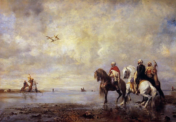 The heron hunt Arab horsemen hunting heron. Painting by Eugene Fromentin (1820-1876