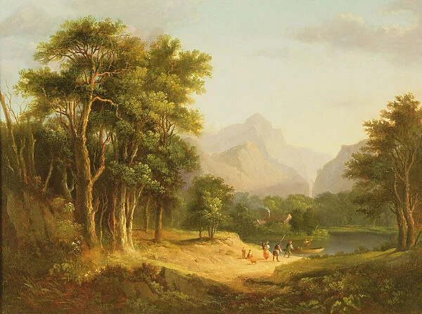 Highland Landscape with Figures (oil on panel)