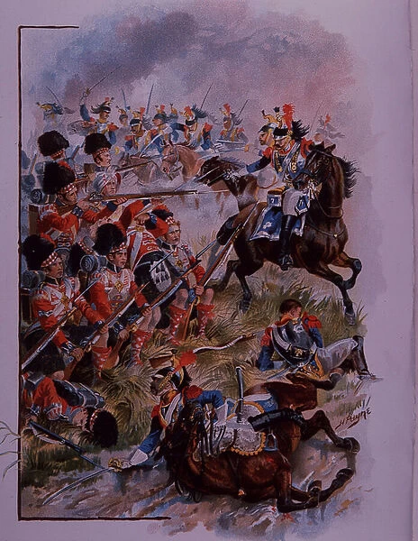 Highland soldiers form square against French cavalry at Quatres Bras, 19th century