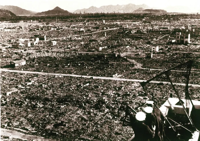 Framed Print : Hiroshima after the atomic attack. On the background, the rest of the Mitshbishi factory. 1945