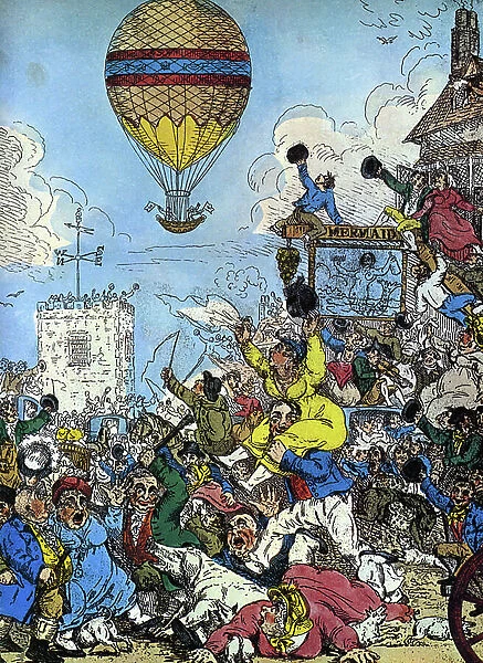 Histoire de l'aviation. Gravure satirique de Thomas Tegg representant l'excitation et la panique provoquee par la premiere ascension en montgolfiere effectuee par Mr. James Sadler a Hackney, le 12 / 08 / 1811 Londres, The Royal Aeronautical Society