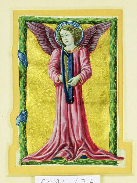 Historiated initial I depicting an angel musician playing a harp (vellum)