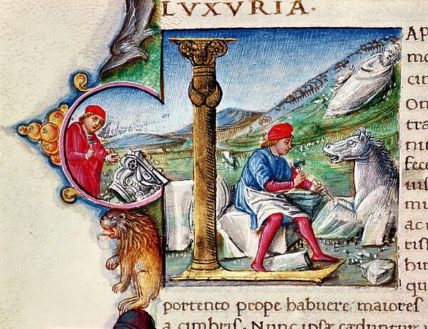 Historiated initial L depicting a sculptor at work, from the Historia Naturalis, by Pliny the Elder (vellum)