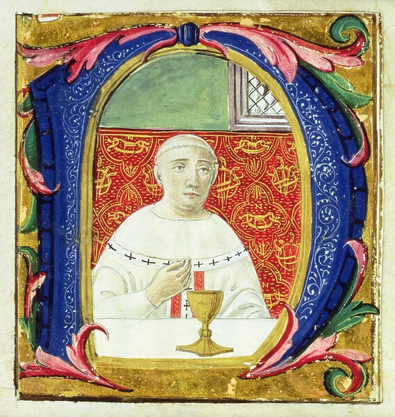 Historiated initial N depicting a Pope (Leon X?) performing a mass (vellum)