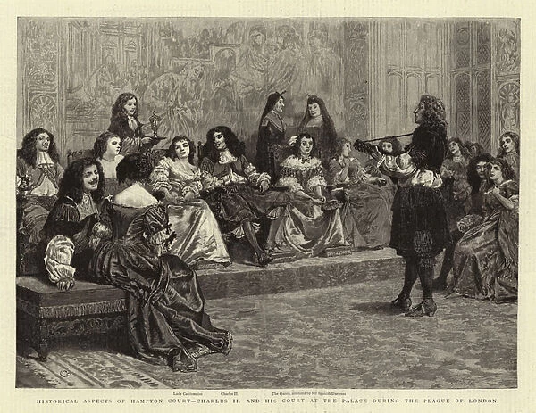 Historical Aspects of Hampton Court, Charles II and his Court at the Palace during the Plague of London (engraving)