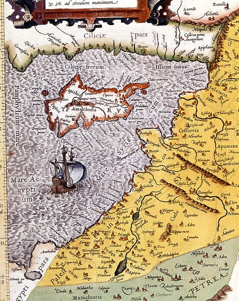 Historical geographical map of Palestine according to the Atlas of Abraham Ortelius