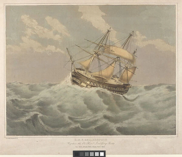 HMS 'Bellerophon' (1824), 50 Miles ESE of Malta, 1 Feb 1852, c.1852 (hand-coloured litho)