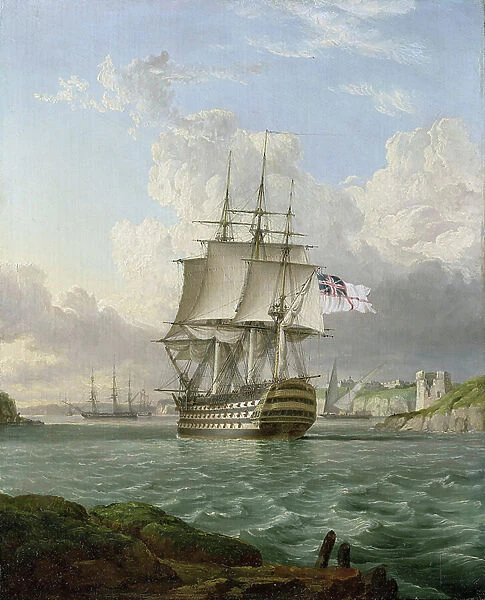 The HMS Britannia, a 120-gun ship, built in 1820, leaving a port in the Mediterranean, probably that of Malta